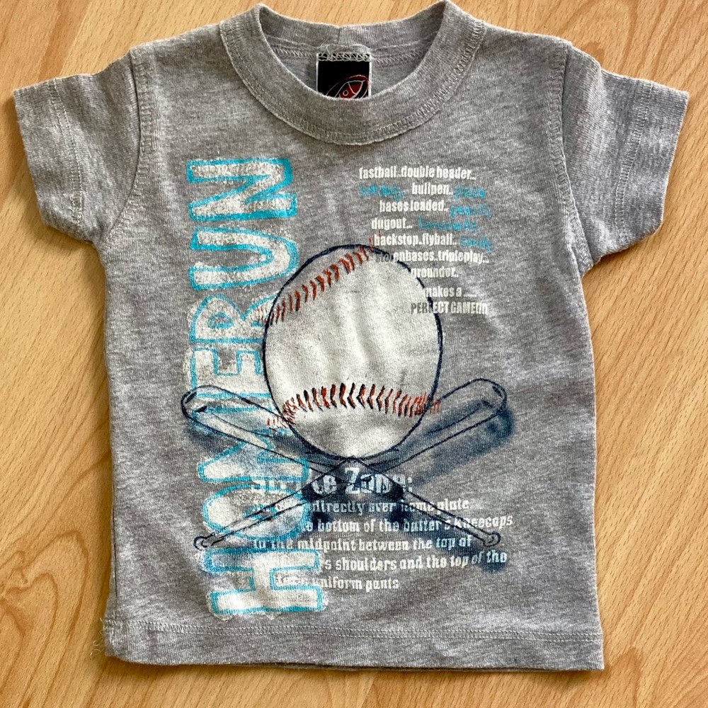 Charlie Rocket 3/6m light gray baseball themed t-shirt.